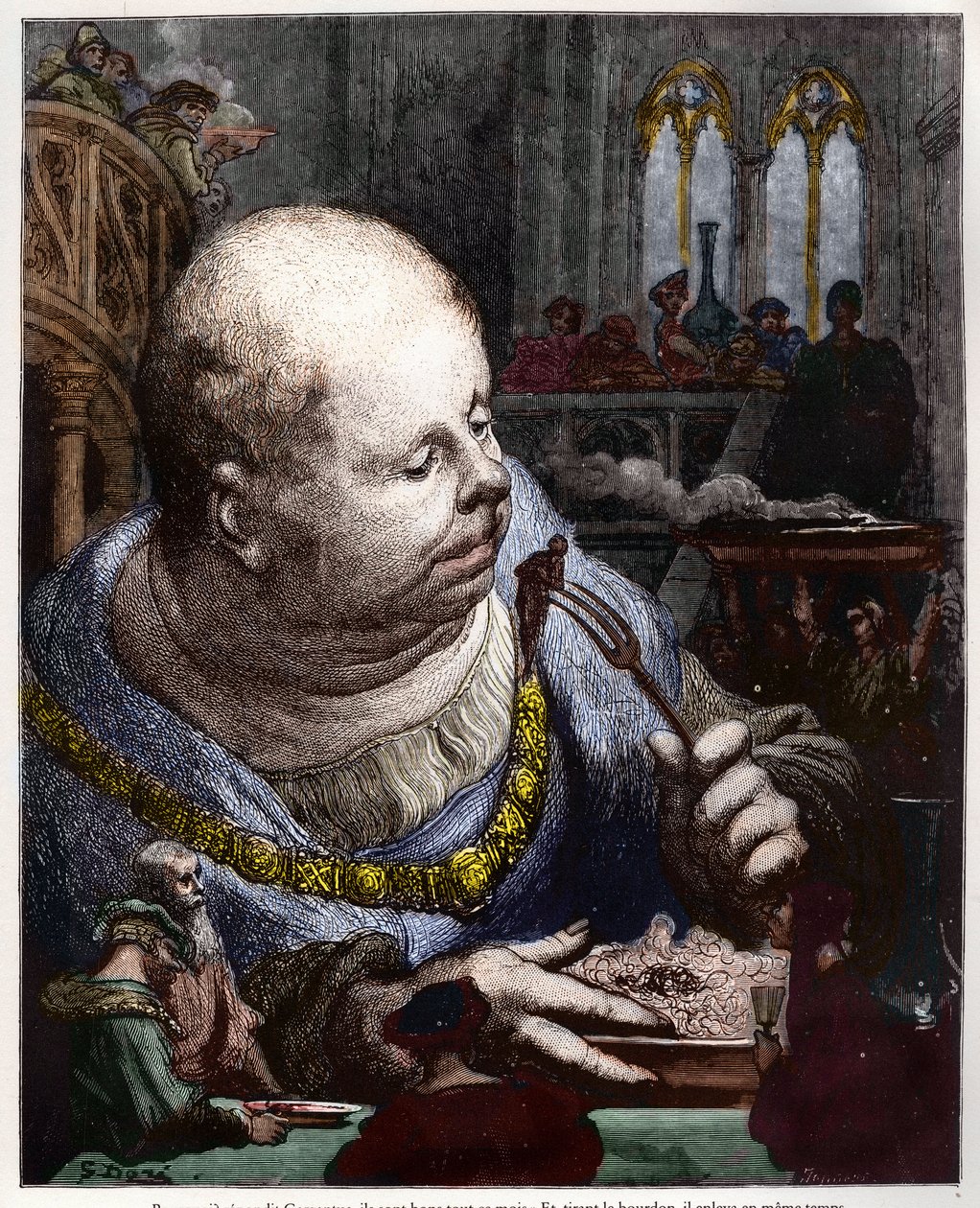 يُؤكل الحجاج في السلطة - رسم توضيحي من "Gargantua and Pantagruel" بقلم فرانسوا رابليه - نقش لغوستاف دوري بواسطة غوستاف دور