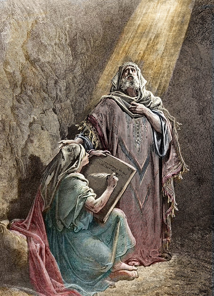 النبي جيريمي يملي نبوءاته على باروخ - نقش كولورسي بواسطة Pannemacker ، من إنجيل غوستاف دوري (1832-1883) - إرميا (650-585 قبل الميلاد) ، نبي عبري. إرميا يملي نبوءاته على باروخ. نقش Pannemaker ، الكتاب المقدس بواسطة غوستاف دور