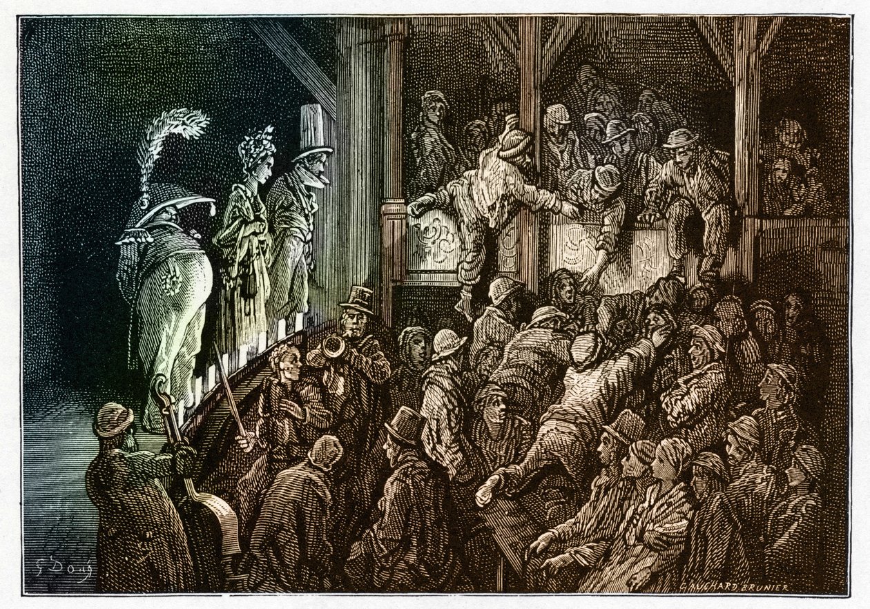 المسرح: الجمهور أثناء عرض مسرحي. نقش ملون من "" لندن، رحلة حج "" رسمها غوستاف دور (1832-1883) بواسطة غوستاف دور