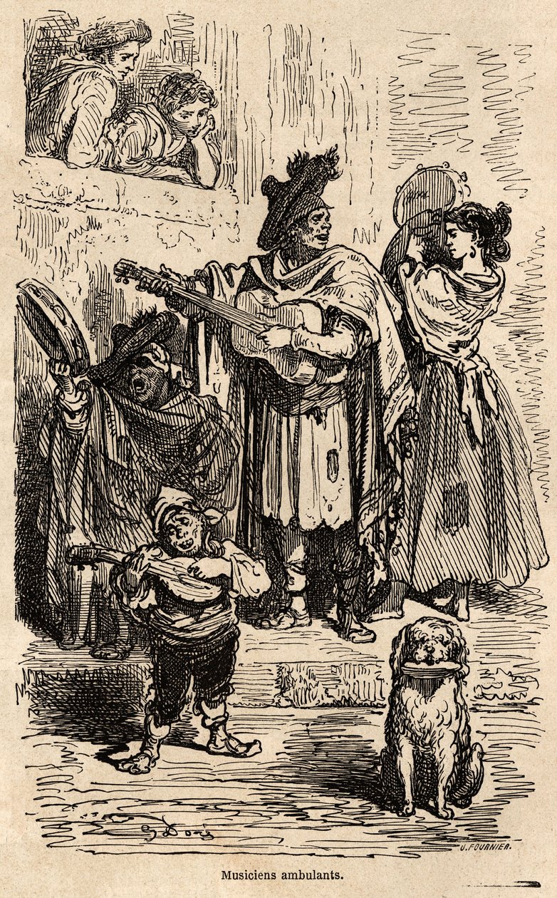 موسيقيون مسافرون في فالنسيا ، رسمهم غوستاف دوري (1832-1883) ، لتوضيح رحلته إلى إسبانيا مع C.Davillier ، في 1862. نقش في "" Le tour du monde "، تحرير إدوارد شارتون بواسطة غوستاف دور