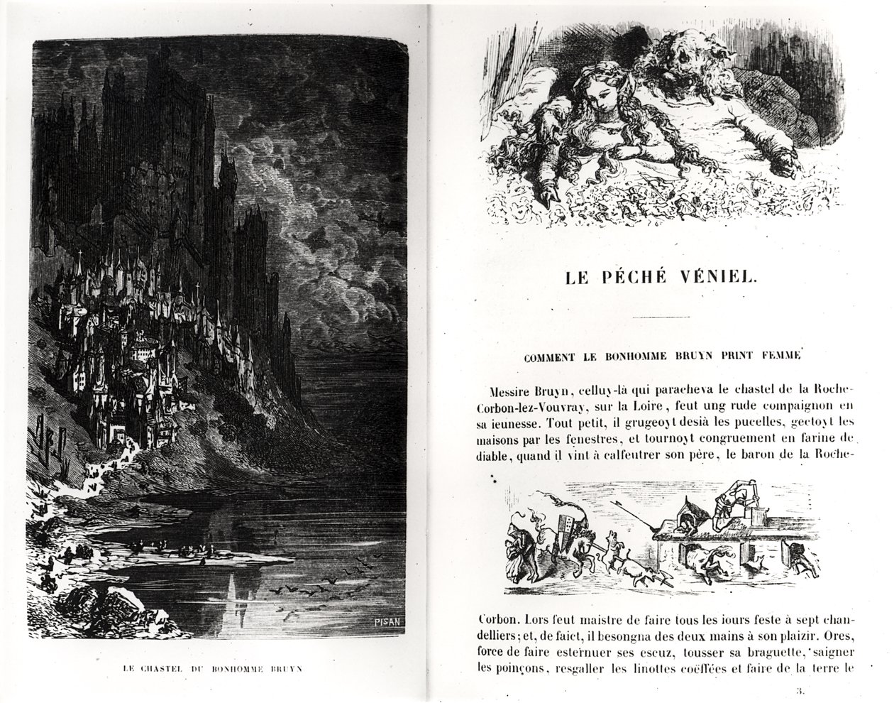 صفحتان مصورتان من "Les Contes Drolatiques" من تأليف هونور دي بلزاك (1799-1850) منقوش بواسطة هيليودور جوزيف بيسان (1822-1890) بواسطة غوستاف دور
