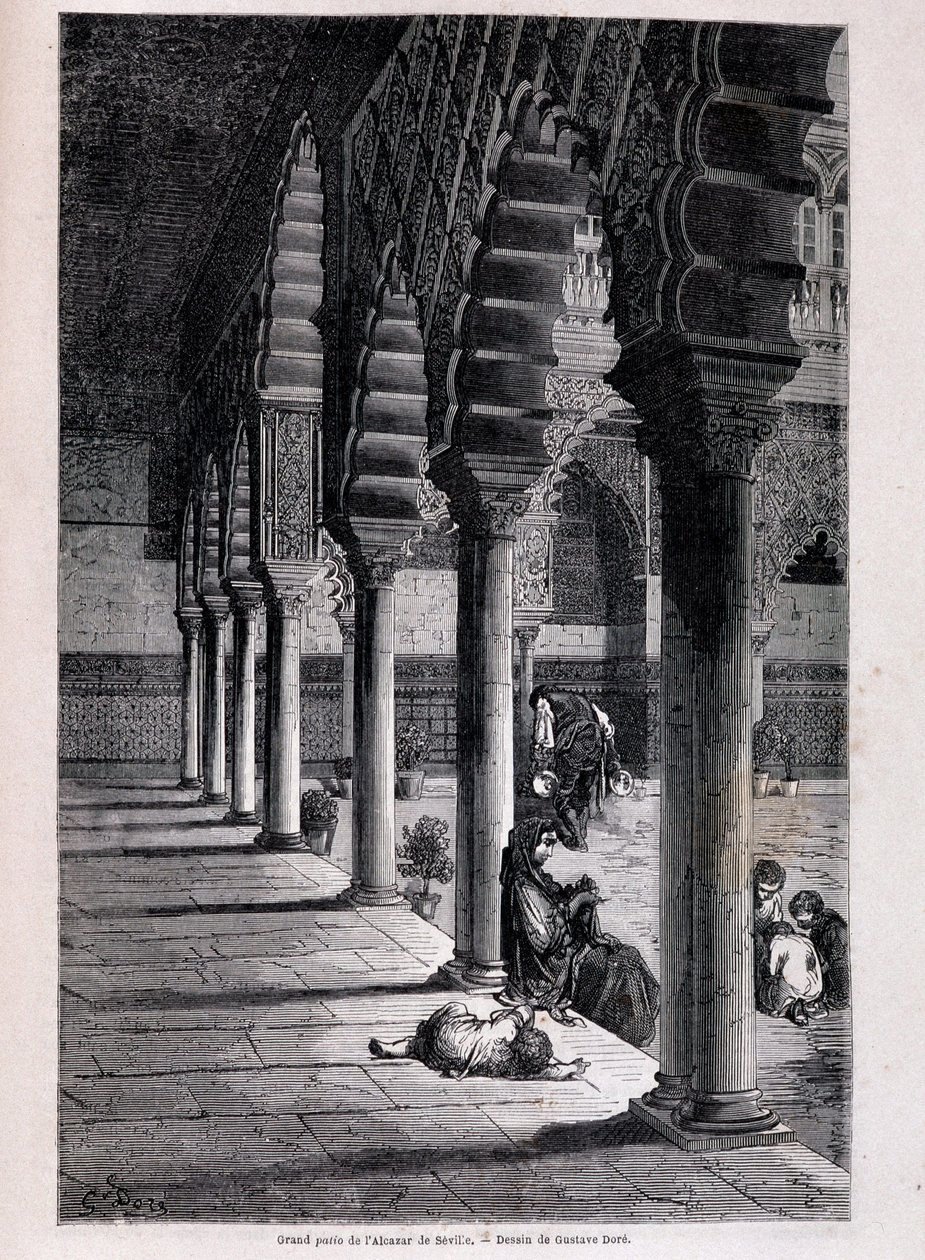 منظر للفناء الكبير في ألكازار في إشبيلية - بقلم Doré ، في "" Tour du Monde "، النصف الثاني. 1866. بواسطة غوستاف دور
