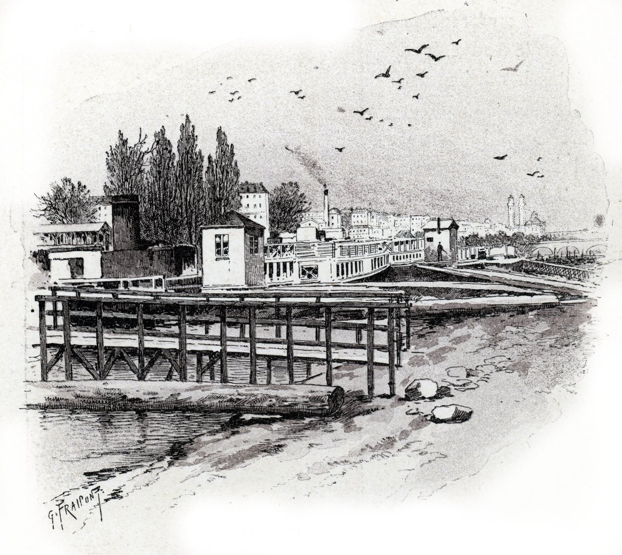 الحافلات المائية (قوارب الركاب) ورش إصلاح على نهر السين في باريس) رسم غوستاف فرايبونت (1849-1923) مستمد من "La seine a travers Paris" من تصميم Saint- Juirs بواسطة غوستاف فرايبونت