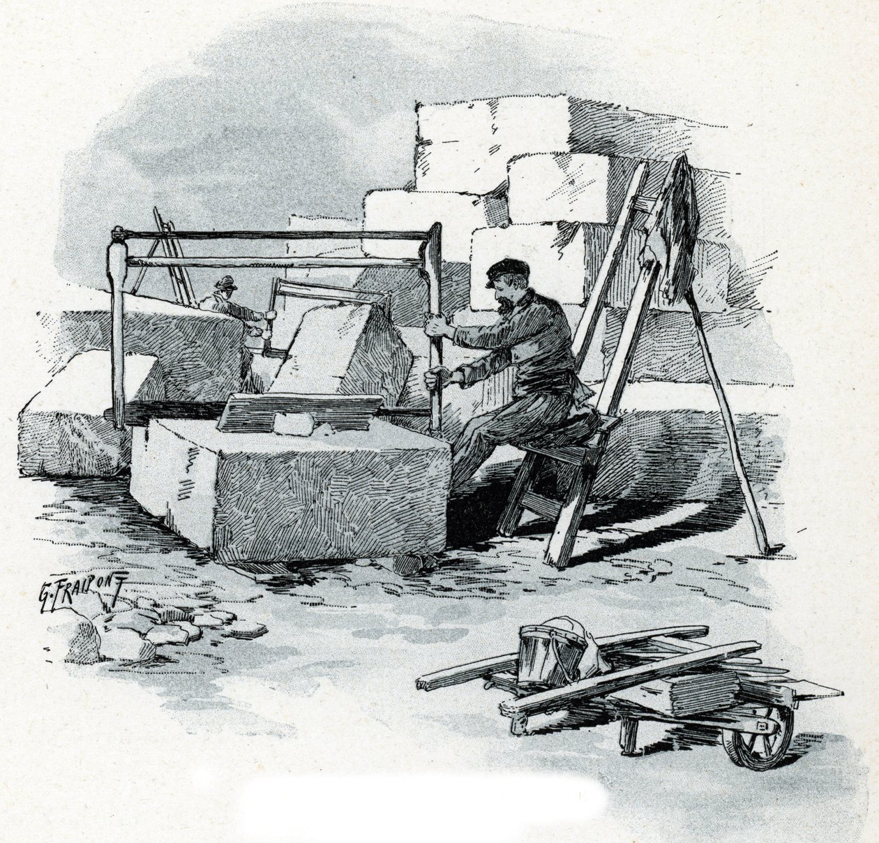 قاطعو الحجارة على ضفاف قناة سان مارتن، رصيف فالمي، باريس رسم غوستاف فرايبونت (1849-1923) مستمد من لوحة "La seine a travers Paris" لسانت جويرس. بواسطة غوستاف فرايبونت