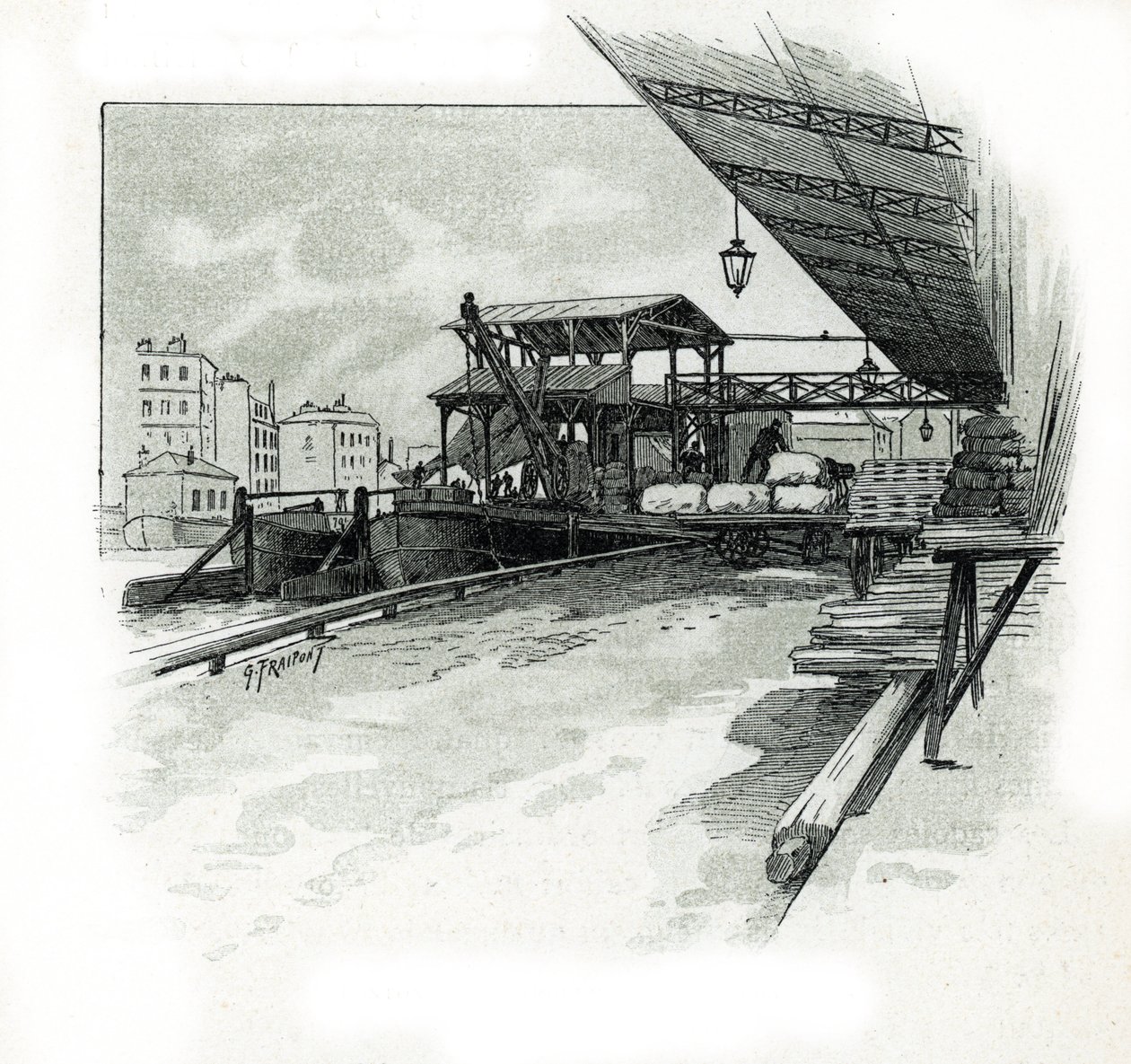 أرصفة ميناء لا فيليت ، باريس رسم لجوستاف فرايبونت (1849-1923) مأخوذ من "لا سين أ ترافرز باريس" لسان جوير بواسطة غوستاف فرايبونت