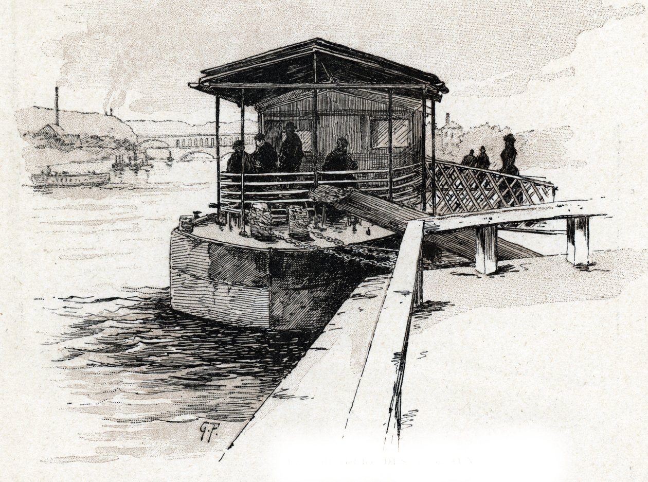 Embarcadere des Bateaux-mouches (Bateaux-mouches) sur la Seine، Paris (منظر لرصيف القوارب السياحية على نهر السين ، باريس) رسم بواسطة Gustave Fraipont (1849-1923) مستوحى من "" La seine a travers Paris "لسانت جويرس بواسطة غوستاف فرايبونت