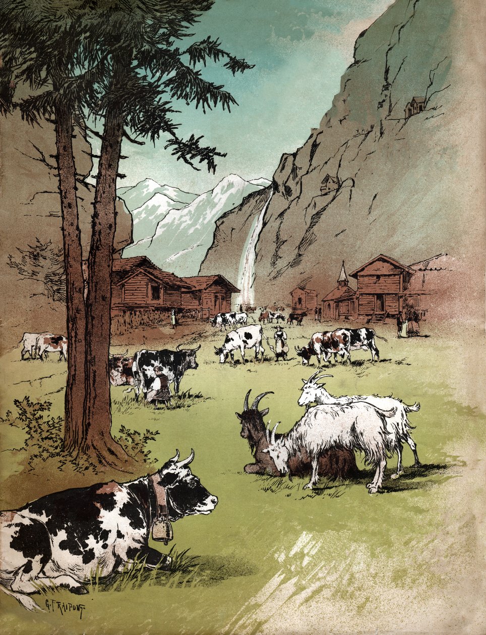 مزرعة في سويسرا. (رسم توضيحي ، حوالي عام 1910) بواسطة غوستاف فرايبونت