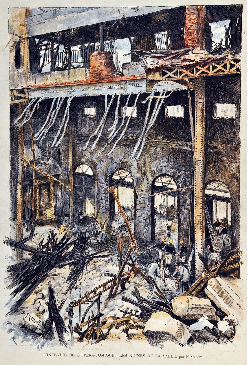 حريق الأوبرا كوميك (أوبرا كوميك) في باريس في 25 مايو 1887 أثناء أداء أمبرواز توماس الأول لفيلم “مينيون”. الأطلال الداخلية. رسم إيضاحي لجوستاف فرايبونت (1849-1923) نقش عام 1887 في "" مجلة أسبوعية باريس-إيضاحية "". بواسطة غوستاف فرايبونت