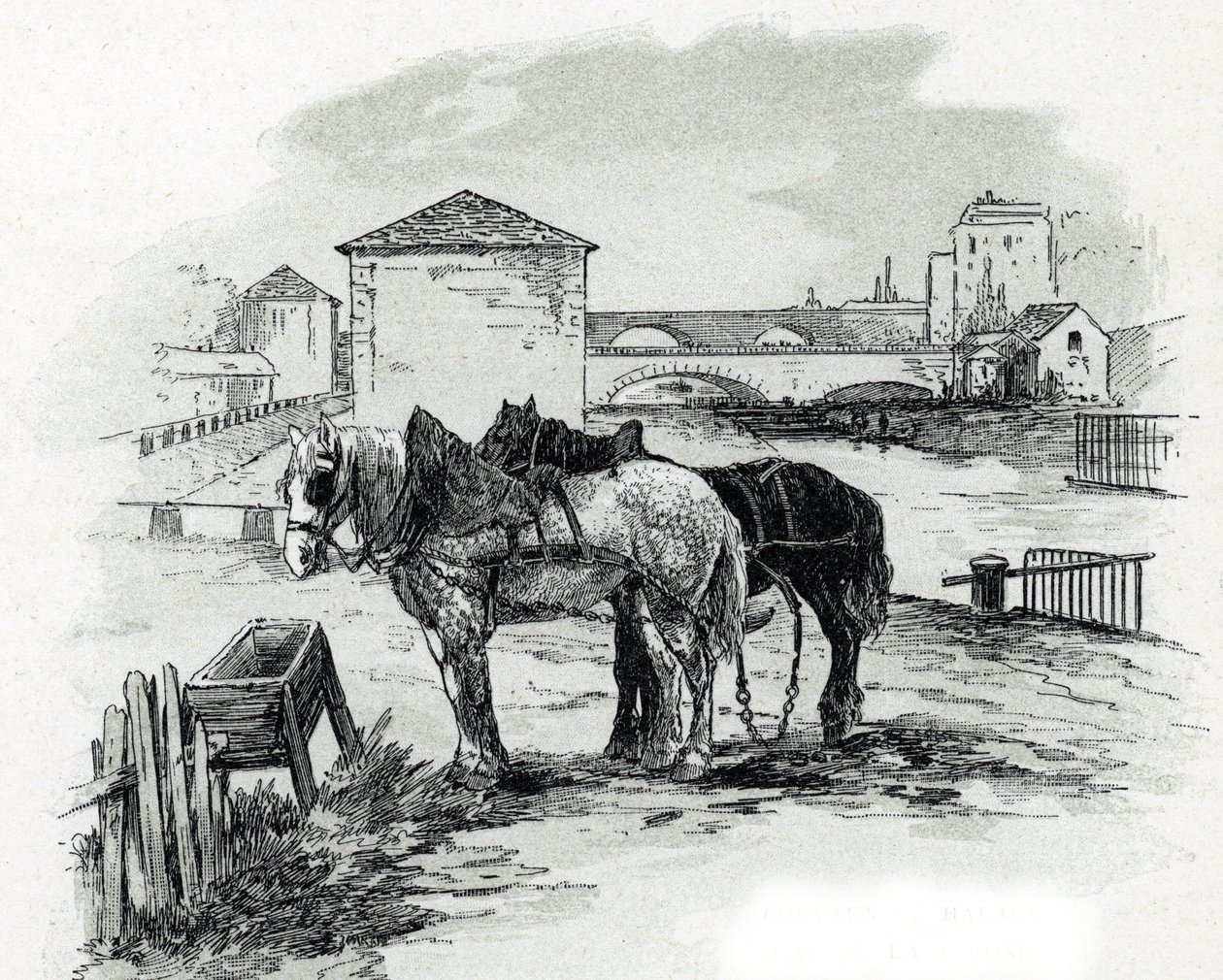 Horses de haulage، quai de la Gironde، Villette (الخيول المستخدمة لسحب قوارب قناة Saint-denis، quai de la gironde، Villette Paris) رسم بواسطة Gustave Fraipont (1849-1923) من Saint-Juirs بواسطة غوستاف فرايبونت