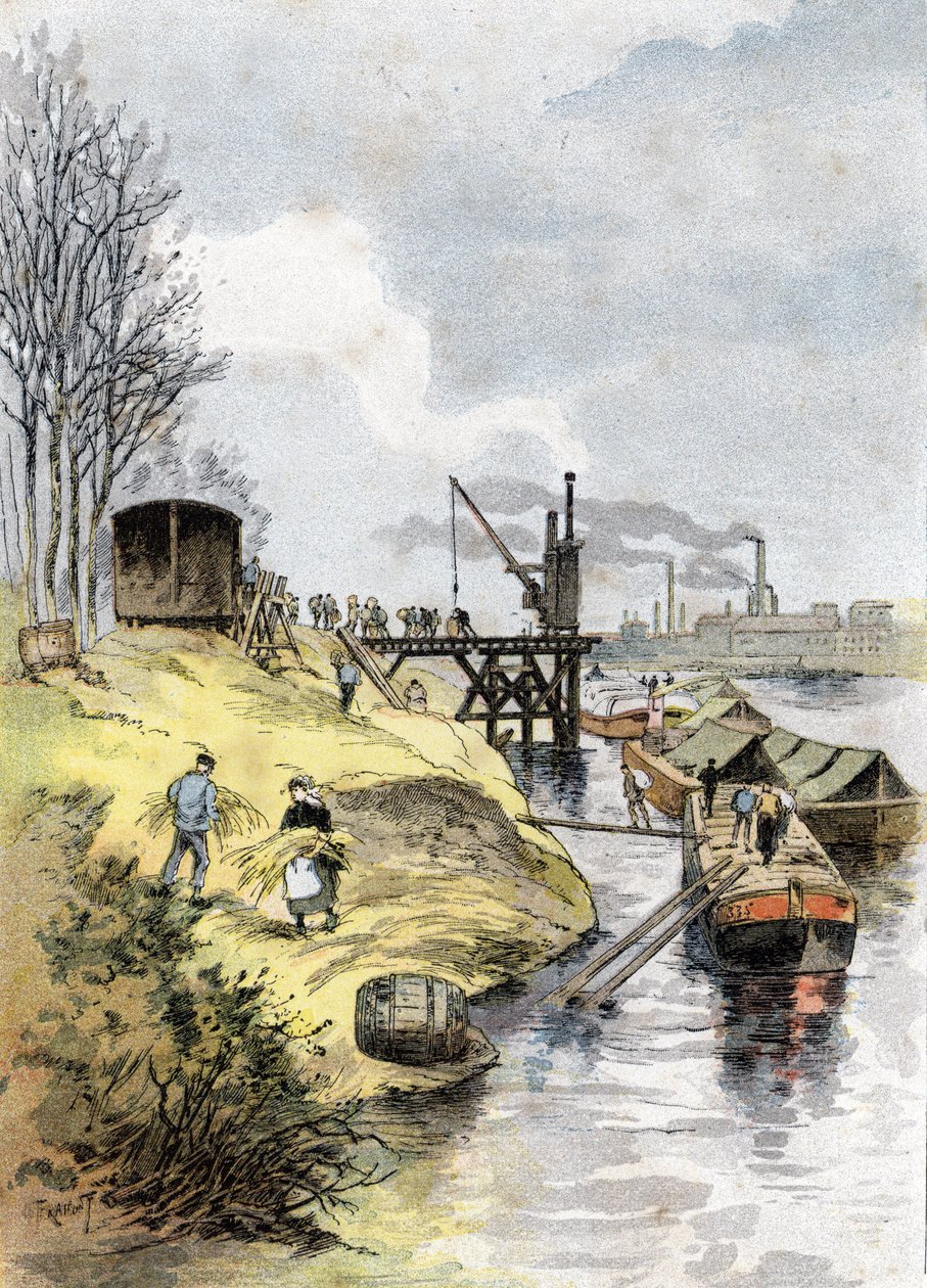 عمال الرصيف الذين يقومون بتحميل التفاح في السيارات في Quai de Bercy ، Paris الرسم بواسطة Gustave Fraipont (1849-1923) مستمد من "La seine a travers Paris" لسان جويرس بواسطة غوستاف فرايبونت