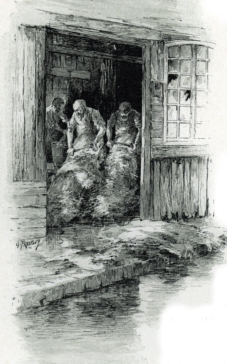 Megissiers de la rue des gobelins في باريس (الدباغون يعملون في الجلود وجلود الحيوانات في شارع des Gobelins ، باريس) رسم بواسطة Gustave Frainpont (1849-1923) مستمدة من "La seine a travers Paris" لسان جوير بواسطة غوستاف فرايبونت