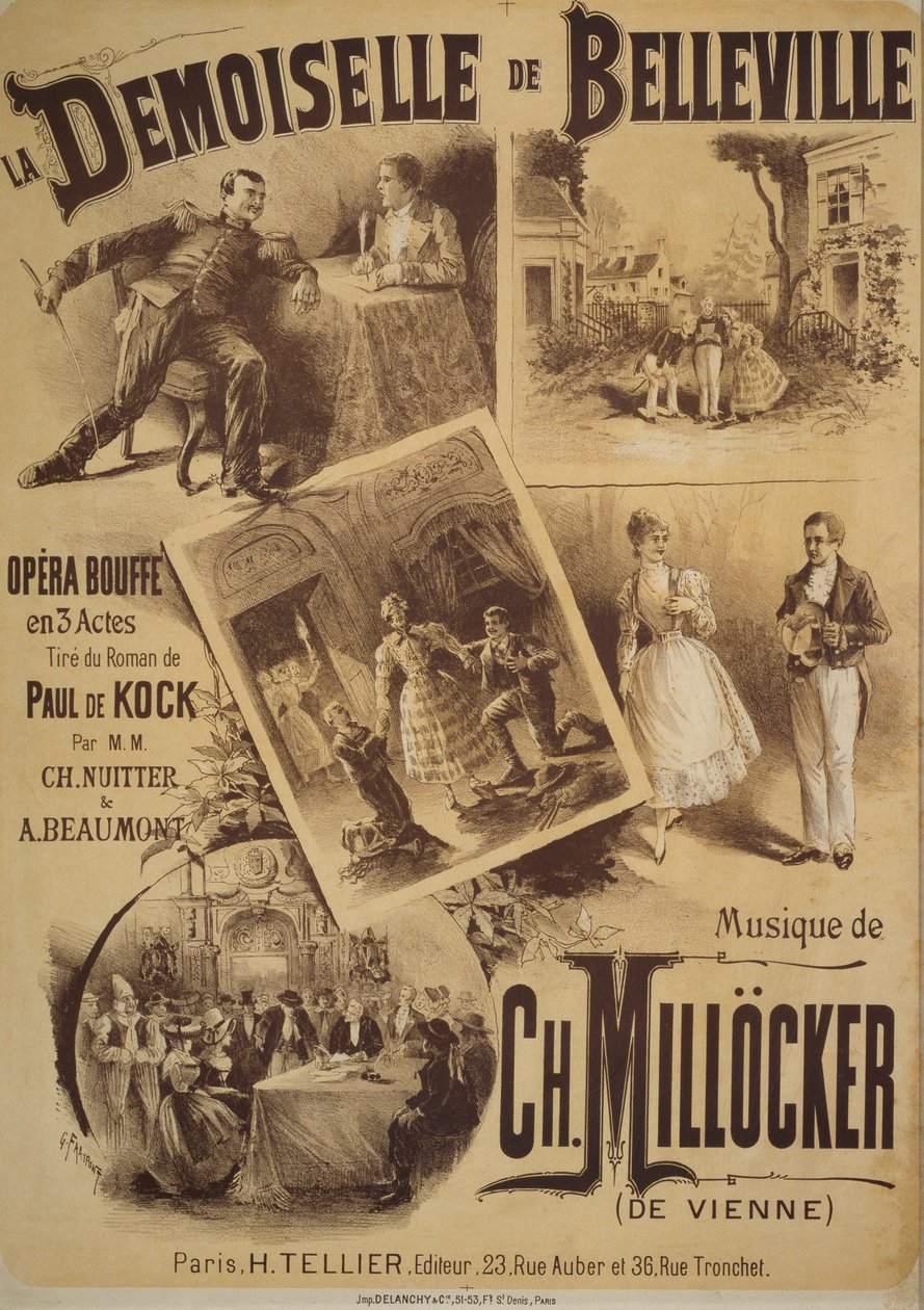 Poster for La Demoiselle de Belleville, comic opera, libretto by Charles Nuitter and Alexandre Beaumont, music by Karl Millocker, Drawing by Gustave Fraipont, Tellier publishing, Paris بواسطة غوستاف فرايبونت