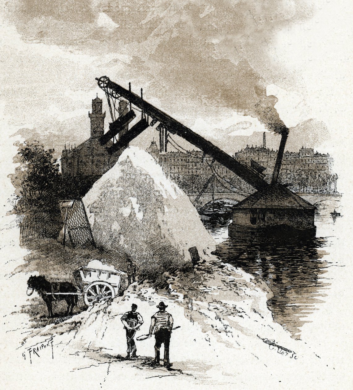 ممهدو الرمل على ضفة نهر السين بالقرب من بونت دي ألما ، باريس الرسم بقلم غوستاف فرايبونت (1849-1923) مأخوذ من "لا سين أ ترافرز باريس" لسان جوير بواسطة غوستاف فرايبونت