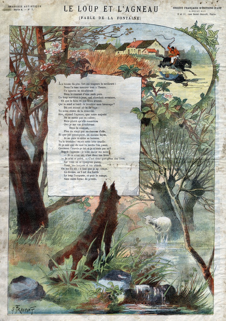 الذئب والحمل. أساطير جان دي لافونتين (1621-95). رسم إيضاحي لجوستاف فرايبونت (1849-1923). مجموعة خاصة. بواسطة غوستاف فرايبونت