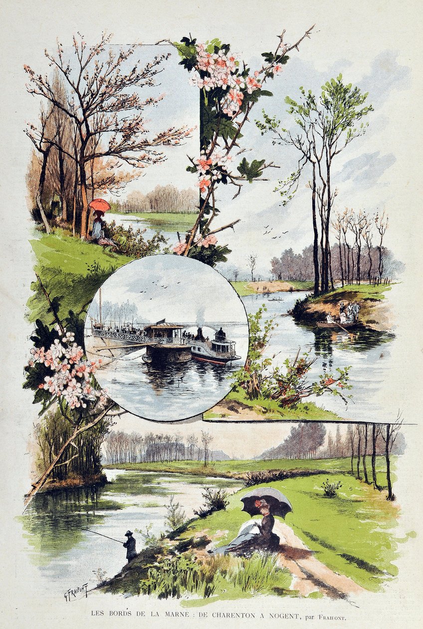 حافة المارن: من تشارنتون إلى نوجينت في عام 1887. رسم غوستاف فرايبونت (1849-1923) نقش عام 1887 في "" مجلة أسبوعية باريس إليستروس "". بواسطة غوستاف فرايبونت