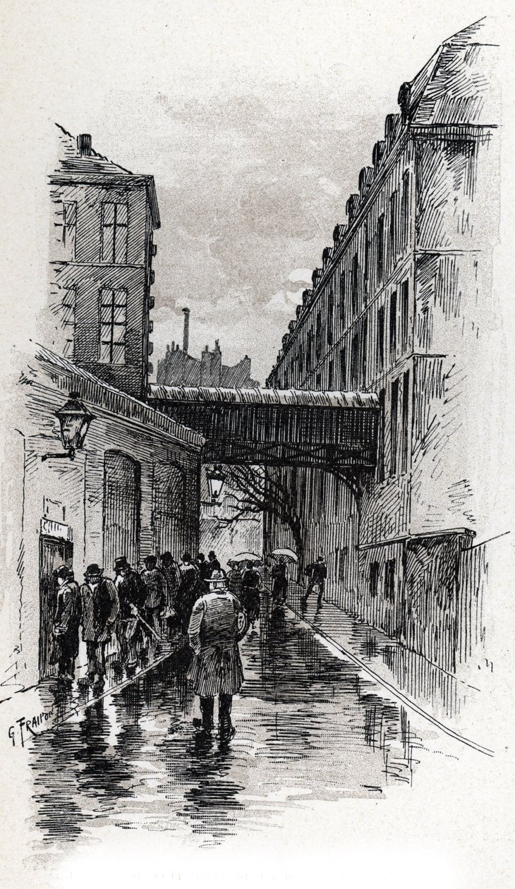 منظر من flophouse (doss-house or dosshouse) في شارع de la Bucherie في منطقة Maubert ، باريس رسم بواسطة Gustave Fraipont (1849-1923) من Saint-Juirs بواسطة غوستاف فرايبونت