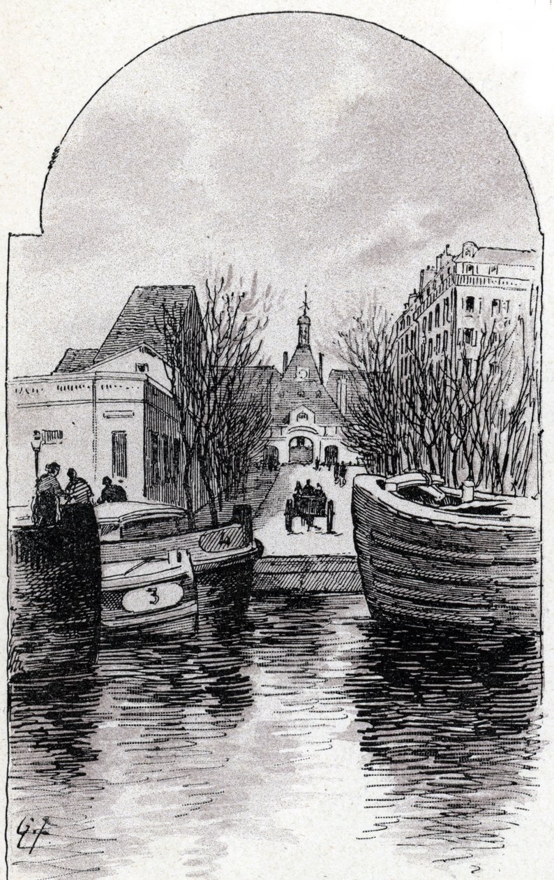 منظر لمستشفى سانت لويس في باريس من قناة سان مارتن ، باريس رسم بقلم غوستاف فرايبونت (1849-1923) من لوحة "لا سين أ ترافرز باريس" لسانت جوير بواسطة غوستاف فرايبونت