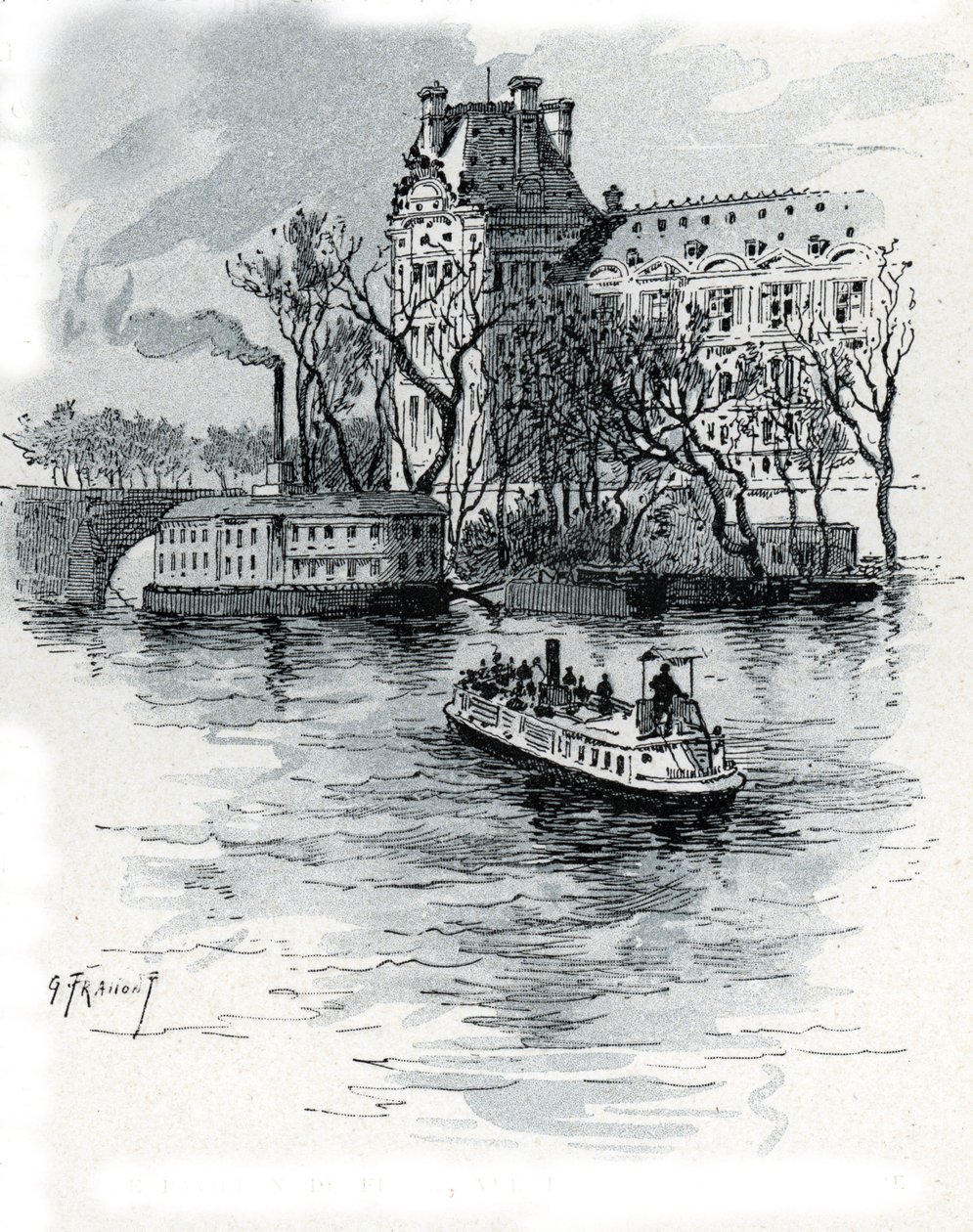 منظر لبافيلون دي فلور ، قصر اللوفر ، من Quai Voltaire ، باريس (منظر لقسم Pavillon de Flore من قصر اللوفر من Quai Voltaire ، باريس) رسم بواسطة Gustave Fraipont (1849-1923) من Saint-Juirs بواسطة غوستاف فرايبونت