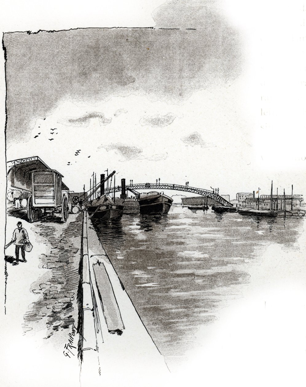 منظر لجسر المشاة لقناة Canal de la Villette ، باريس (جسر المشاة لقناة Canal de la Villette ، باريس) رسم بواسطة Gustave Fraipont (1849-1923) مستوحى من "La seine a travers Paris" لسان جوير بواسطة غوستاف فرايبونت