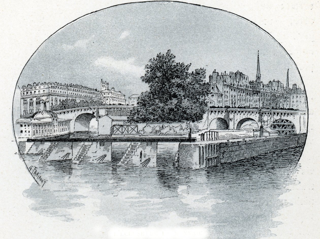 منظر لقفل Monnaie ، أمام فندق Hotel des Monnaie في باريس رسم من قبل Gustave Fraipont (1849-1923) مستوحى من لوحة Saint-Juirs "La seine a travers Paris" بواسطة غوستاف فرايبونت