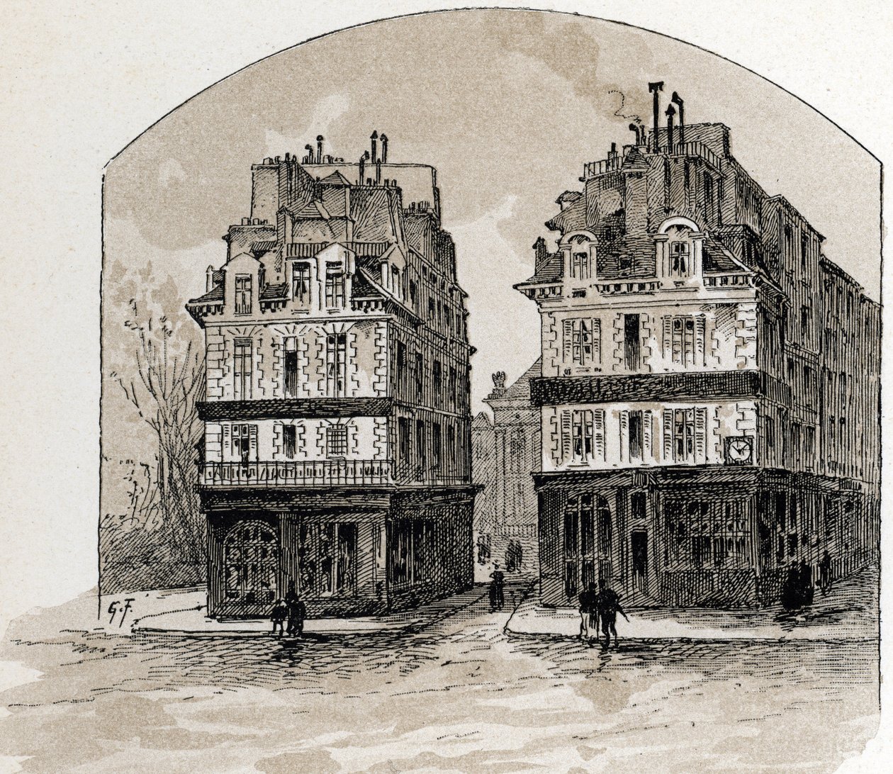 منظر لمنازل Pont-Neuf القديمة في باريس (منازل قديمة على جسر Pont Neuf ، باريس) رسم بواسطة Gustave Fraipont (1849-1923) من Saint-Juirs بواسطة غوستاف فرايبونت