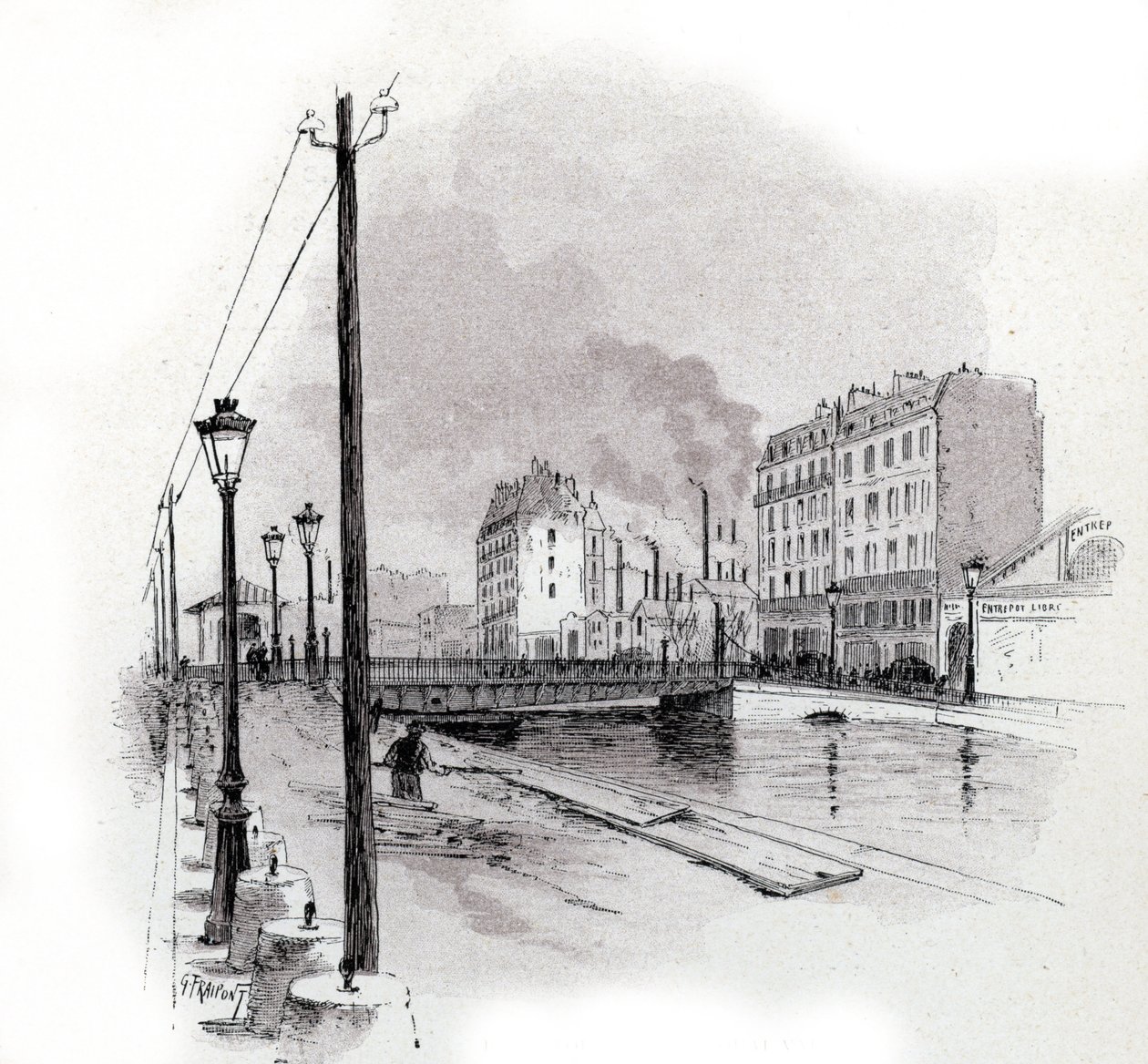 منظر للجسر المتأرجح من Quai de Valmy على قناة Saint Martin ، Paris رسم بواسطة Gustave Fraipont (1849-1923) من Saint-Juirs بواسطة غوستاف فرايبونت