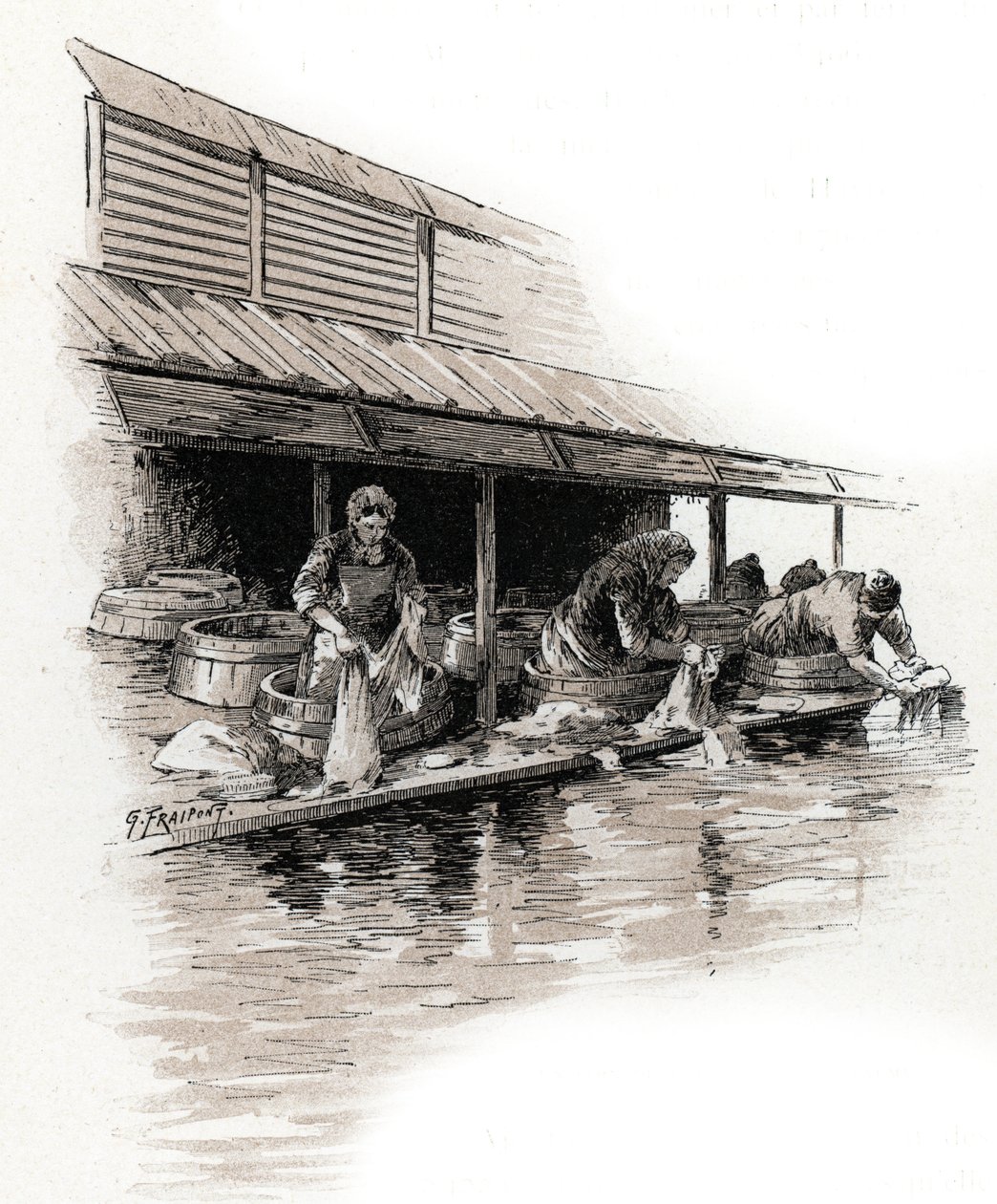 الغسالات في كواي دي فالمي ، قناة سان مارتن ، باريس رسم غوستاف فرايبونت (1849-1923) مأخوذ من "لا سين أ ترافرز باريس" لسان جوير بواسطة غوستاف فرايبونت