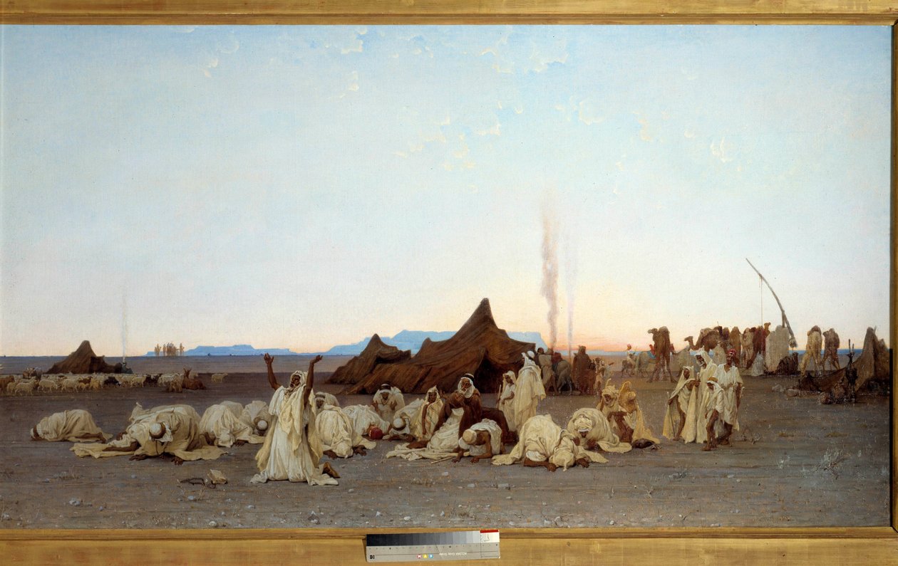 صلاة العشاء في الصحراء الكبرى بالتفصيل. لوحة لغوستاف أكيل غيوميت (1840-1887) 1863 صن. 1،3x2،8 م. متحف دورسيه في باريس - صلاة العشاء في الصحراء. التفاصيل. لوحة لغوستاف أكيل غيوميه (1840-1887) بواسطة غوستاف غيوميت