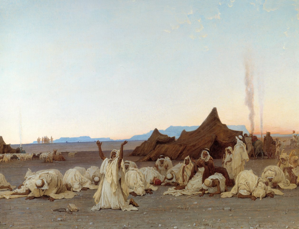 صلاة العشاء في الصحراء الكبرى تفاصيل مخيم الطوارق. لوحة لغوستاف أكيل غيوميت (1840-1887) 1863 صن. 1،3x2،8 م. باريس ، متحف أورسيه بواسطة غوستاف غيوميت