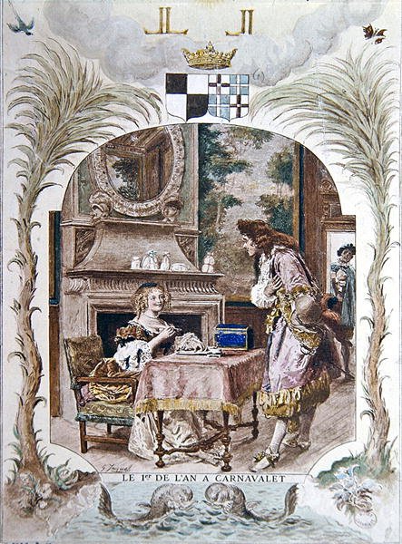Madame de Sevigne في فندق Carnavalet في يوم رأس السنة الجديدة ، باريس ، حوالي 1900 (لون ليثو) بواسطة غوستاف جاكيت