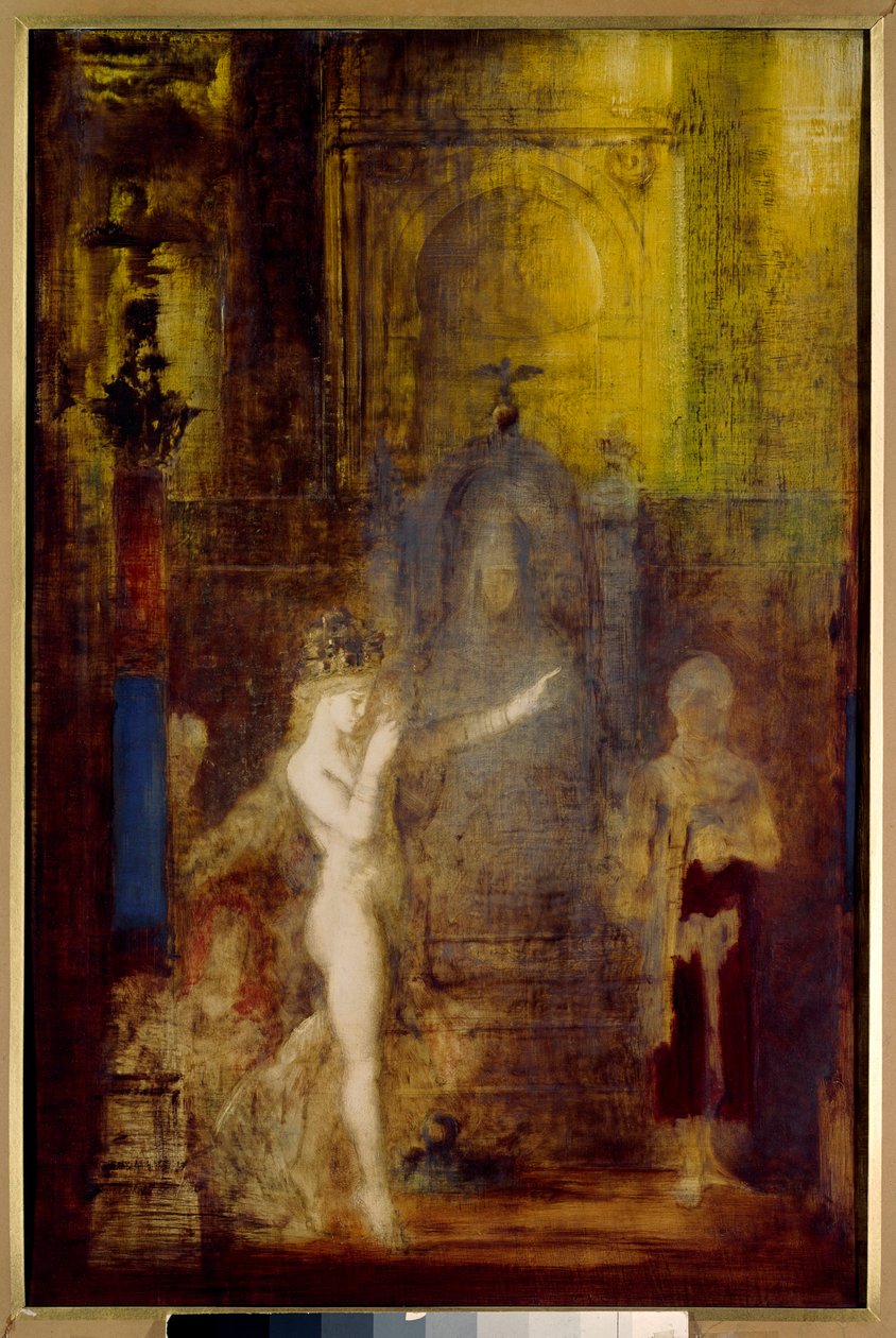 Salome dancing in front of Herode Salome dances in the banquet hall of Herode. Herode sitting on a high throne is fascinated by the beauty of the magician. Painting by Gustave Moreau (1826-1898) بواسطة غوستاف مورو