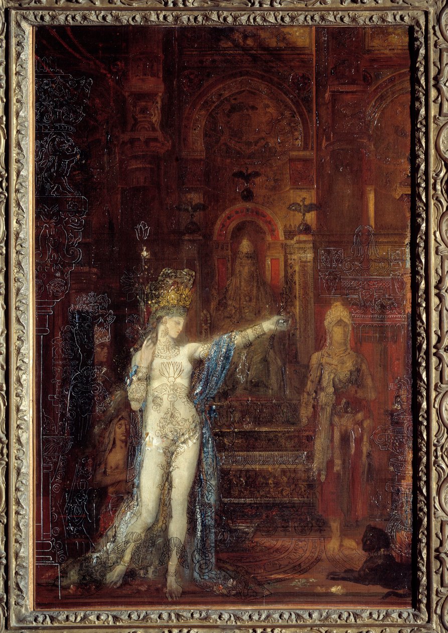 وشم سالومي. سالومي ترقص في قاعة عيد هيرود. هيرود جالس على عرش مرتفع مفتون بجمال الساحر. لوحة لجوستاف مورو (1826-1898) بواسطة غوستاف مورو
