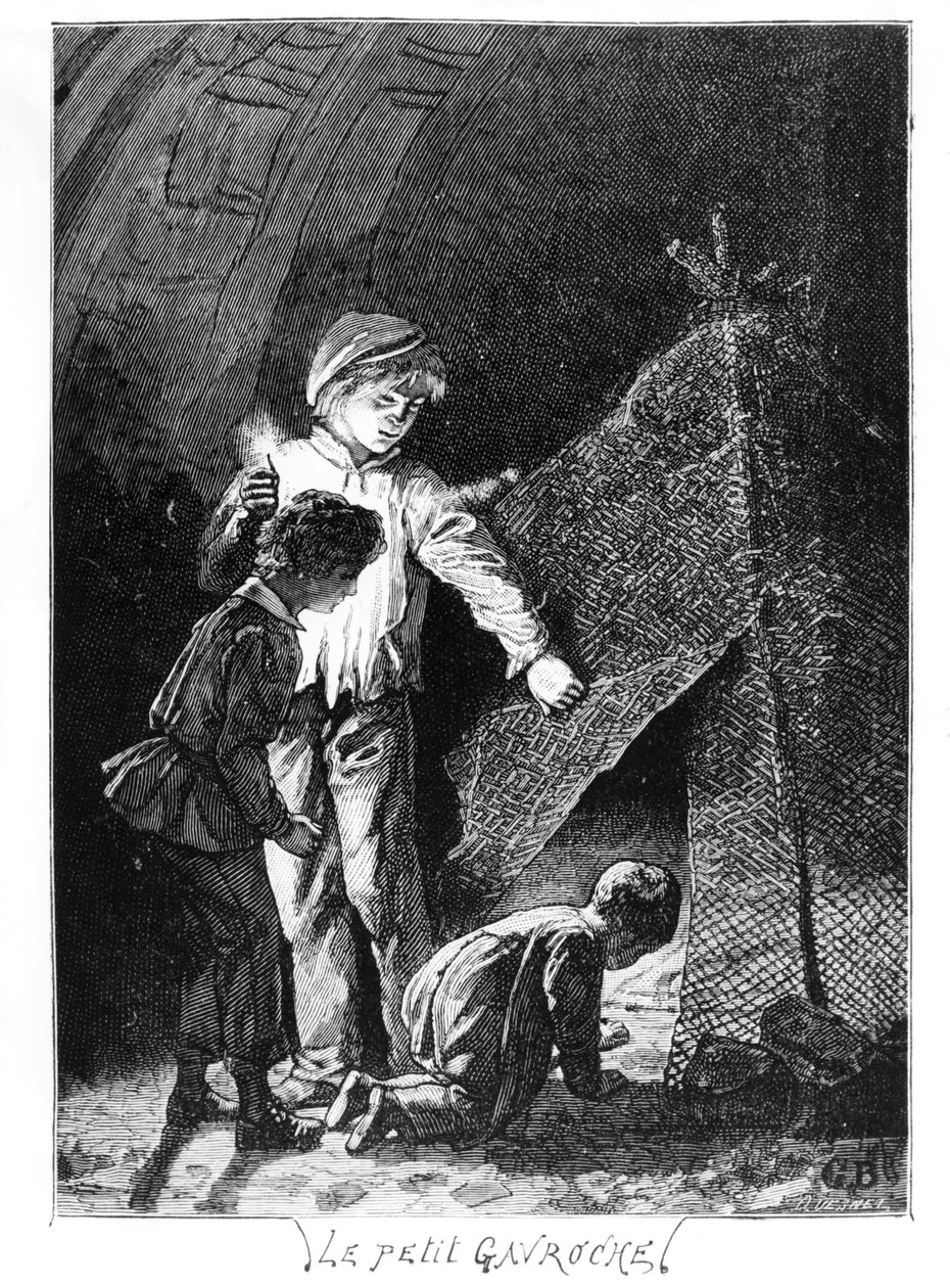 جافروش وإخوته في فيل الباستيل ، رسم توضيحي من البؤساء (1845-1862) بقلم فيكتور هوغو (1802-85) ، ج. 1885 بواسطة غوستاف بعد بريون