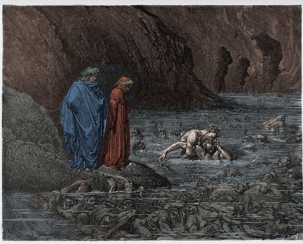 جحيم ، كانتو 32: Ugolino (Ugolin della Gherardesca) ينخر على رأس المطران Ruggieri (Ruggeri Ubaldini) ، التوضيح من الكوميديا الإلهية بواسطة Dante Alighieri ، 1885 (ملون رقميًا و بواسطة غوستاف بعد دوري