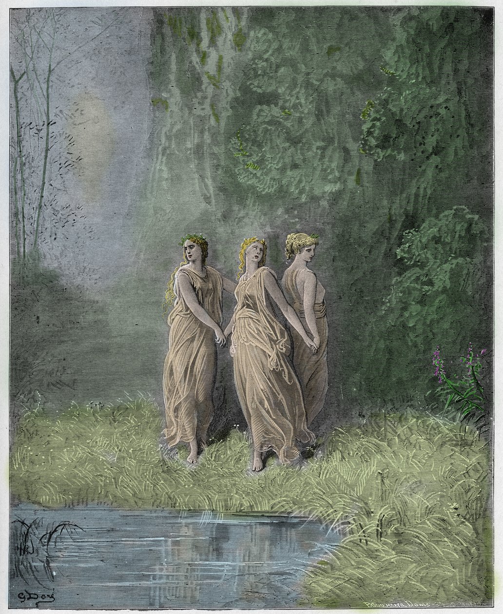 Purgatorio، Canto 29: Charity، Hope، Faith، توضيح من الكوميديا الإلهية بواسطة Dante Alighieri ، 1885 (نقش ملون رقميًا) بواسطة غوستاف بعد دوري