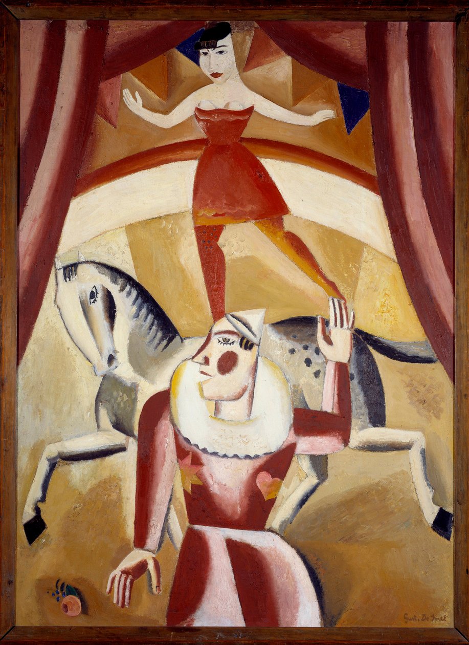 Circus III بهلوان Ecuyere في حالة توازن على حصان ومهرج على مسار سيرك يقدمان عرضًا. رسم غوستاف دي سميت (1877-1943) 1926 صن. 1،3x1،1 م غرونوبل ، متحف الفنون الجميلة انتباه! قد يخضع استخدام هذا العمل لترخيص من جهة خارجية بواسطة غوستاف دي سميت