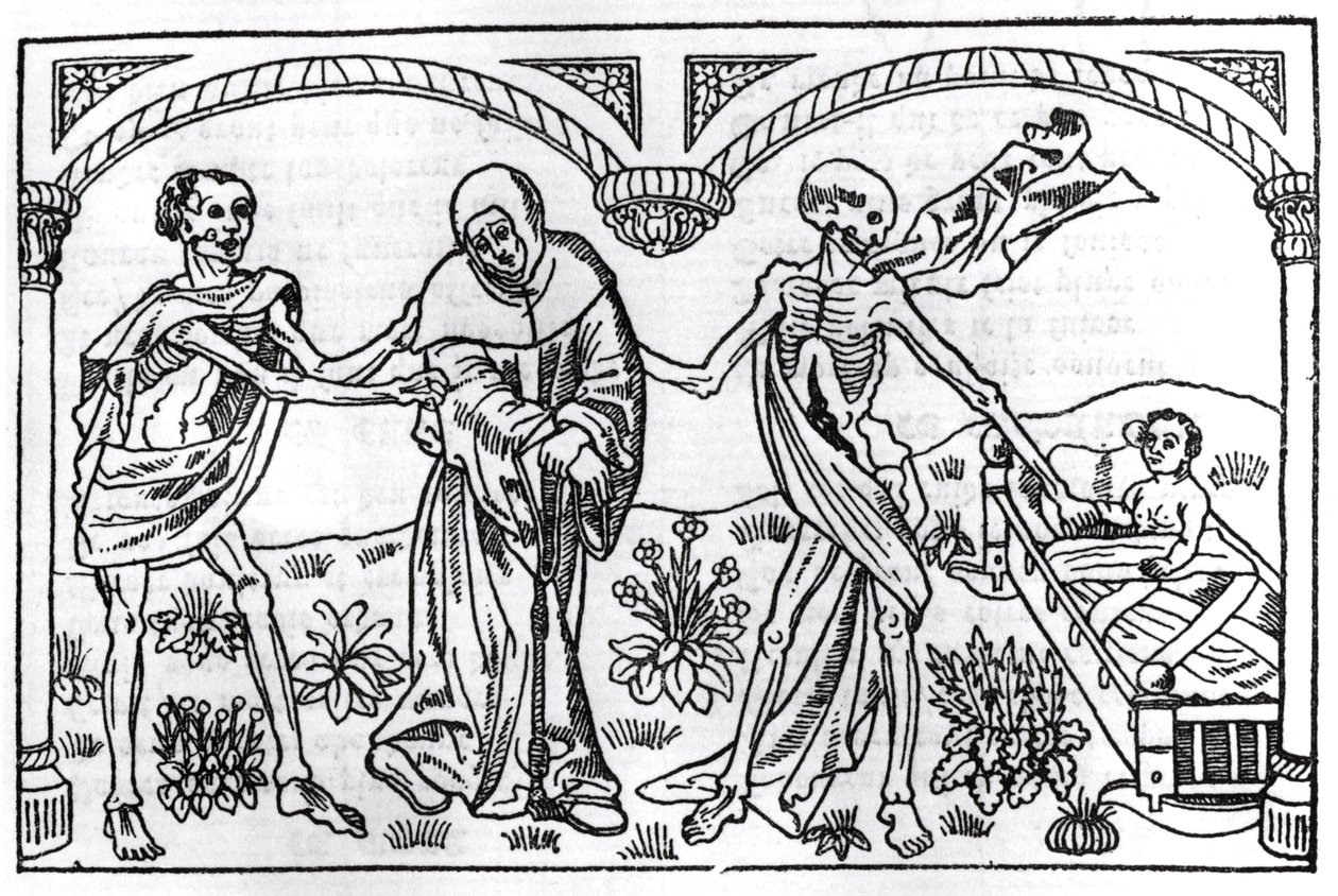 الموت يأخذ المتسول والطفل ، من Danse Macabre ، نشر باريس ، 1485 بواسطة غاي مارشانت