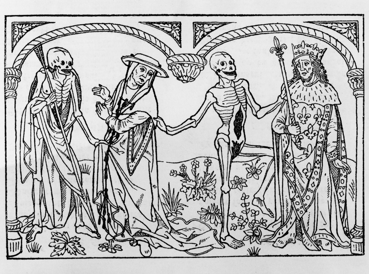 الموت أخذ الكاردينال والملك ، من Danse Macabre ، نشر باريس ، 1485 بواسطة غاي مارشانت