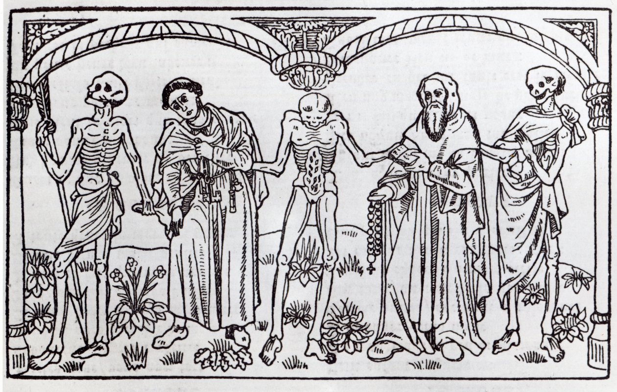 الموت يأخذ الراهب و الاباتي ، من Danse Macabre ، نشر باريس ، 1485 بواسطة غاي مارشانت
