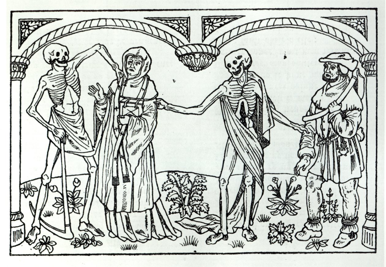 الموت أخذ الكاهن والفلاح ، من Danse Macabre ، نشر باريس ، 1485 بواسطة غاي مارشانت