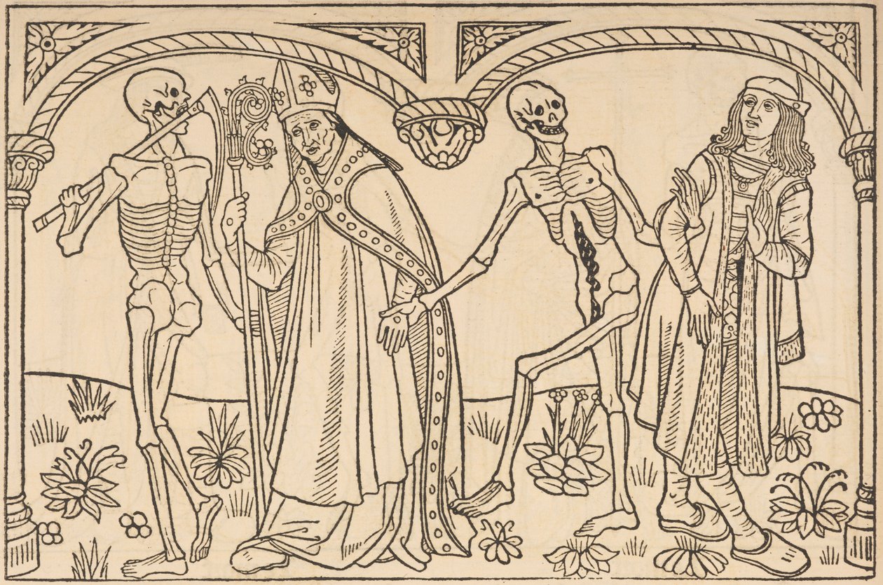الموت يأخذ الأسقف والنبلاء ، من La danse macabre des femmes. ومناقشة الجسد والنصل 