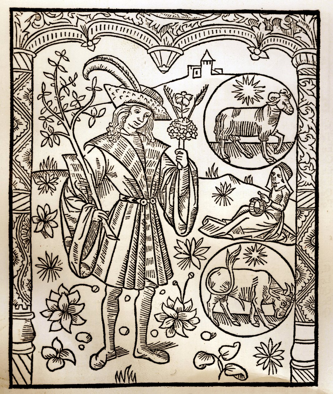 تقويم الراعي - عمال الأشهر - أبريل - نقش خشبي من كتاب 1496 الذي طبعه جاي مارشانت (جويدو ميركاتور) في تروا - نقش الخشب في "Le grand Calendrier et compost des Shepherds" - بواسطة غاي مارشانت
