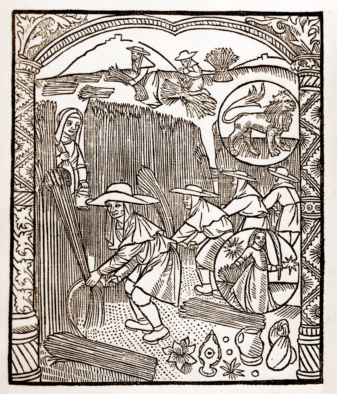 تقويم الراعي - عمال الأشهر - أغسطس - نقش خشبي من كتاب 1496 طبعه جاي مارشانت (جويدو ميركاتور) في تروا - نقش الخشب في "Le grand Calendrier et compost des Shepherds" - بواسطة غاي مارشانت