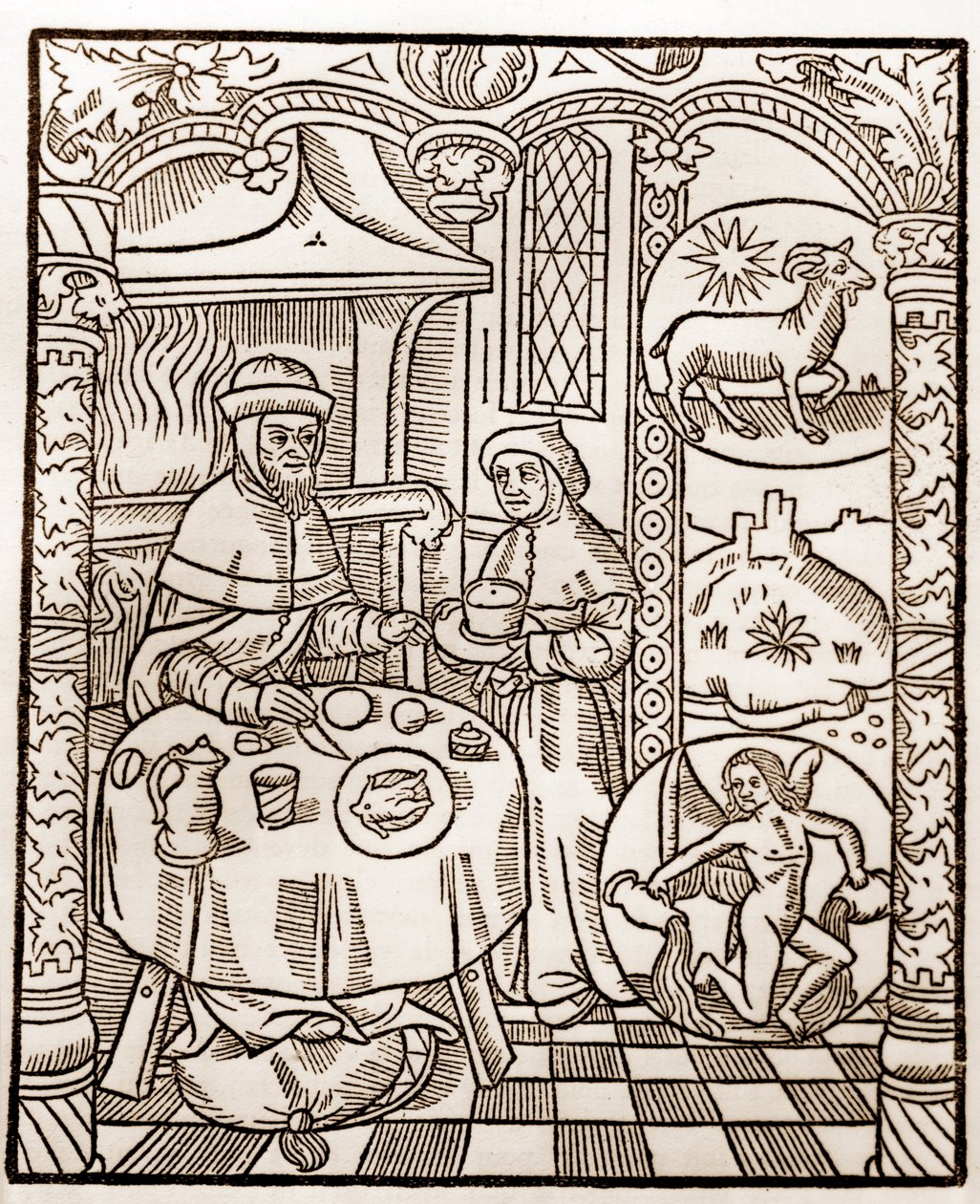 تقويم الراعي - عمال الأشهر - يناير - نقش خشبي من كتاب 1496 الذي طبعه جاي مارشانت (جويدو ميركاتور) في تروا - نقش الخشب في "Le grand Calendrier et compost des Shepherds" - بواسطة غاي مارشانت