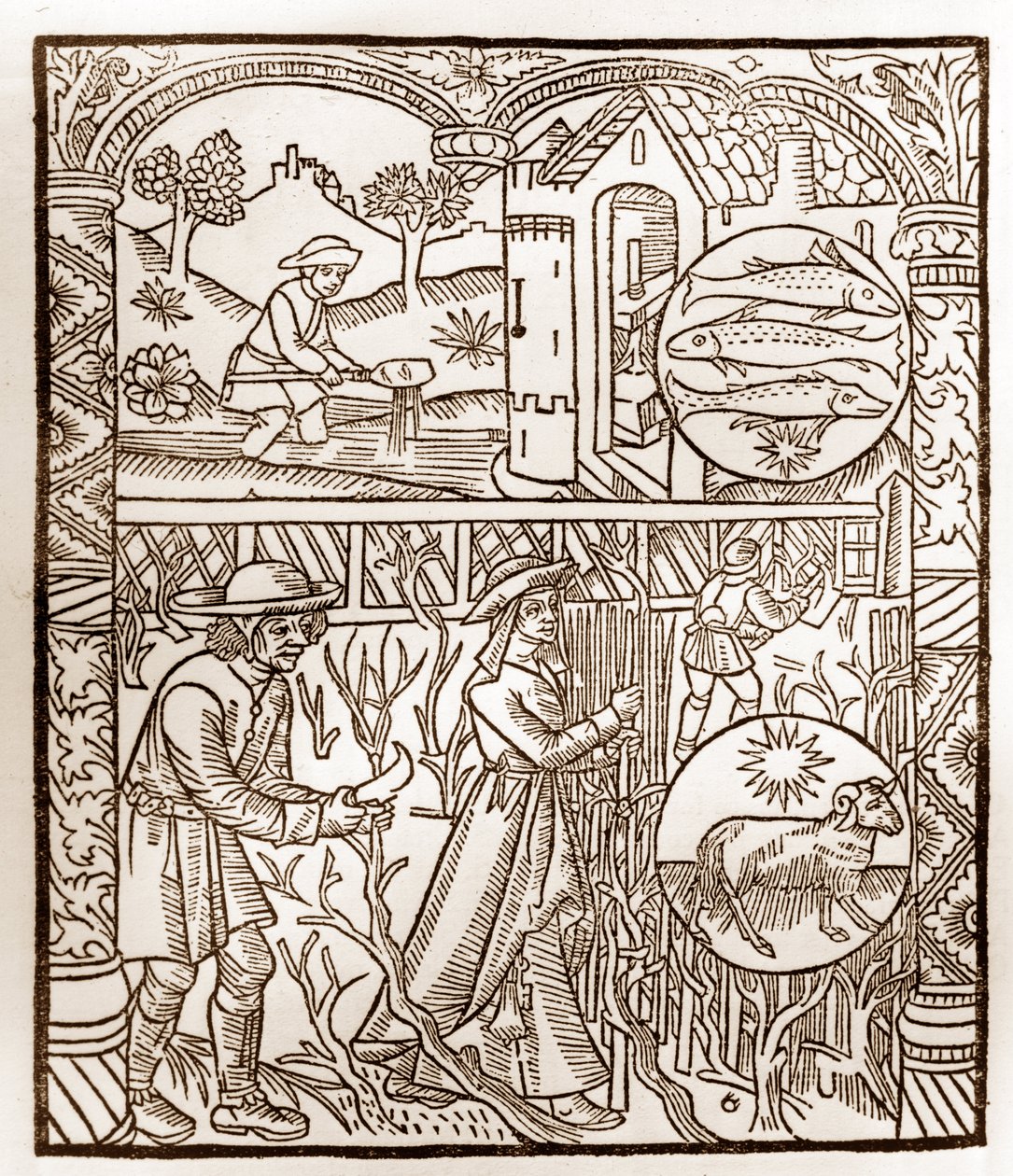 تقويم الراعي - عمال الأشهر - مارس - نقش خشبي من كتاب 1496 طبعه جاي مارشانت (جويدو ميركاتور) في تروا - نقش الخشب في "Le grand Calendrier et compost des Shepherds" - بواسطة غاي مارشانت