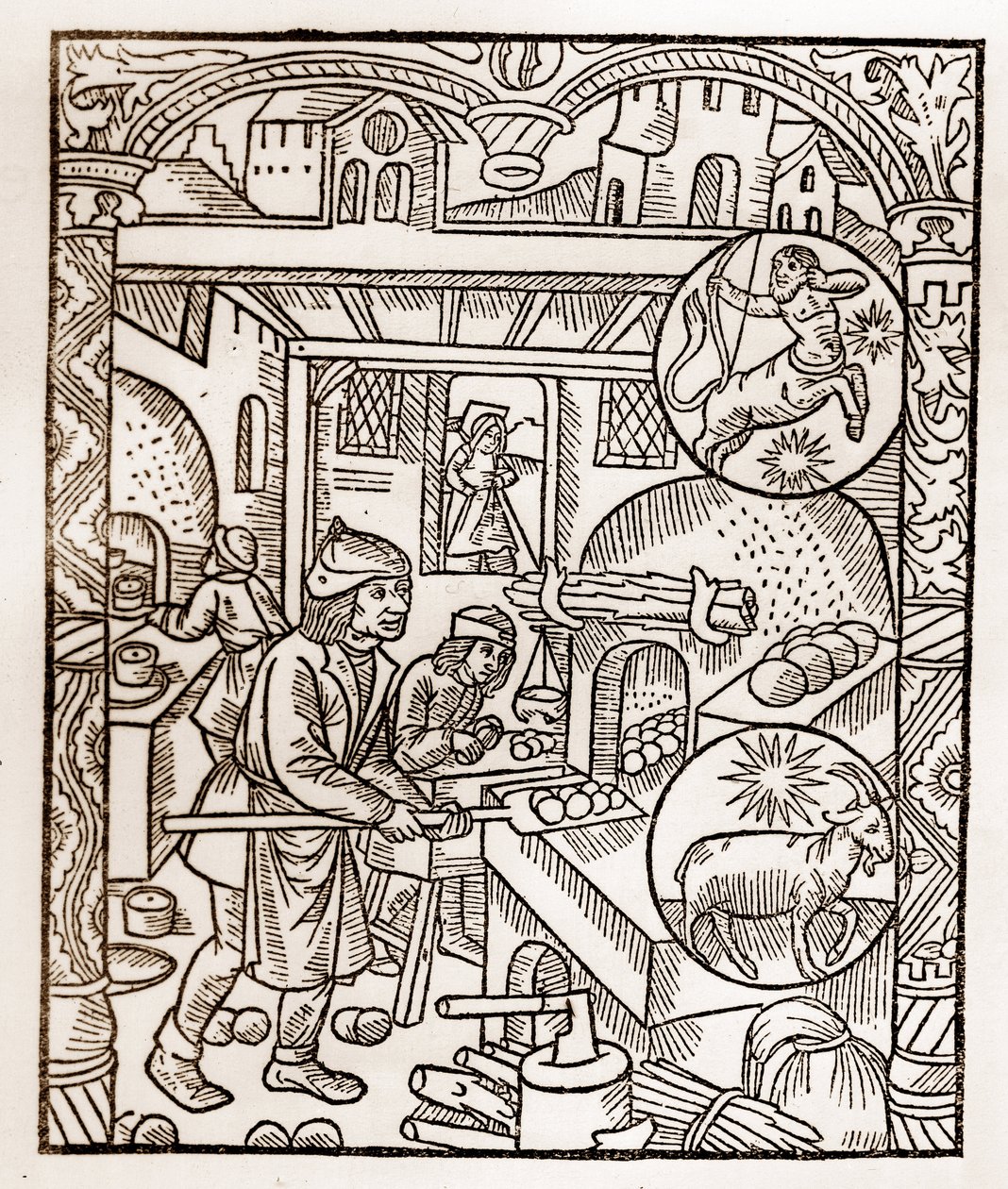 تقويم الراعي - عمال الأشهر - نوفمبر - نقش خشبي من كتاب 1496 طبعه جاي مارشانت (جويدو ميركاتور) في تروا - نقش الخشب في "" Le grand Calendrier et compost des Shepherds "" - فرن الخبز - بواسطة غاي مارشانت