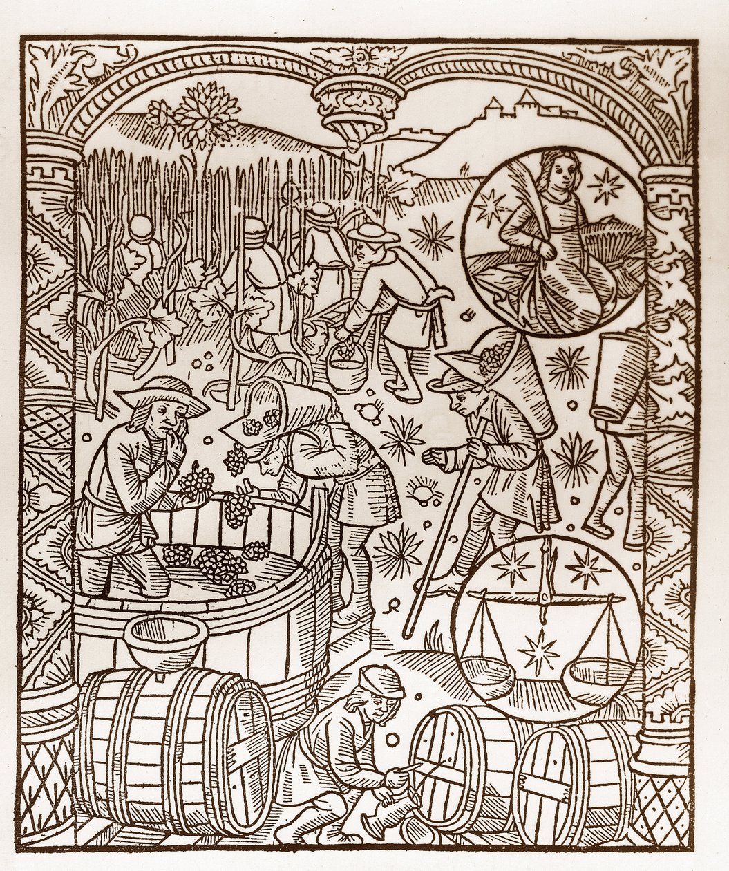تقويم الراعي - عمال الأشهر - أكتوبر - نقش خشبي من كتاب 1496 الذي طبعه جاي مارشانت (جويدو ميركاتور) في تروا - نقش الخشب في "" Le grand Calendrier et compost des Shepherds "- الحصاد - وعلامات زودياك: ال بواسطة غاي مارشانت