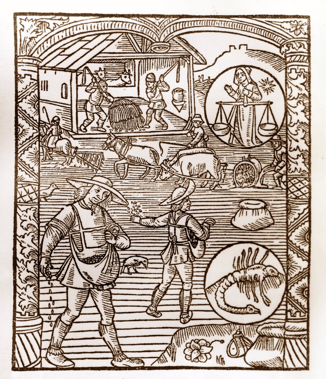 تقويم الراعي - عمل الأشهر - سبتمبر - نقش خشبي من كتاب 1496 الذي طبعه غاي مارشانت (جويدو ميركاتور) في تروا - مقدمة ، des peassans sement a la volee - نقش خشبي في "Le grand Calendar et compost des Shepherds" - بواسطة غاي مارشانت