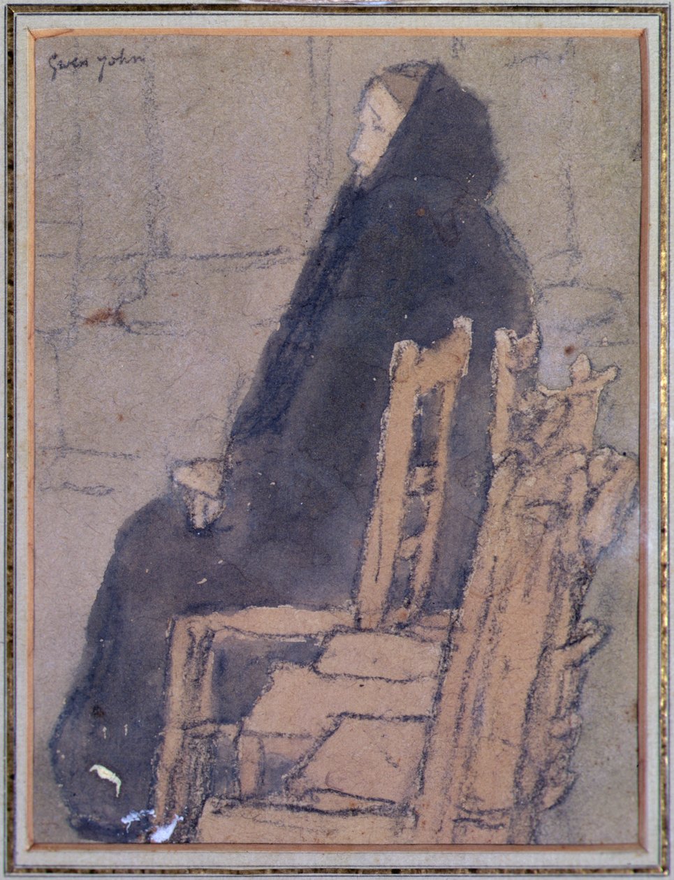 عجوز ترتدي شال أسود (ألوان مائية ، ألوان الجسم وقلم تلوين أسود على ورق بيج) بواسطة جوين جون