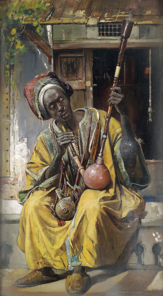 "" Fumeur de pipe a eau "(النرجيلة) (مدخن الأنابيب المائية) Peinture de Gyula Tornai (1861-1928) زيت على خشب 1903 خافت 58x34 سم مجموعة خاصة بواسطة جيولا تورناي
